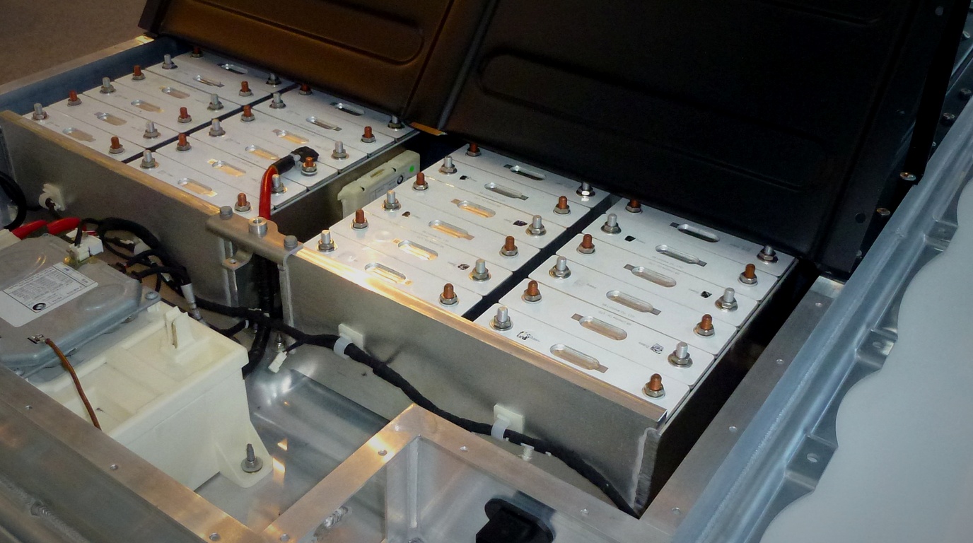 Opened high-voltage EV lithium-ion traction battery pack and contactors