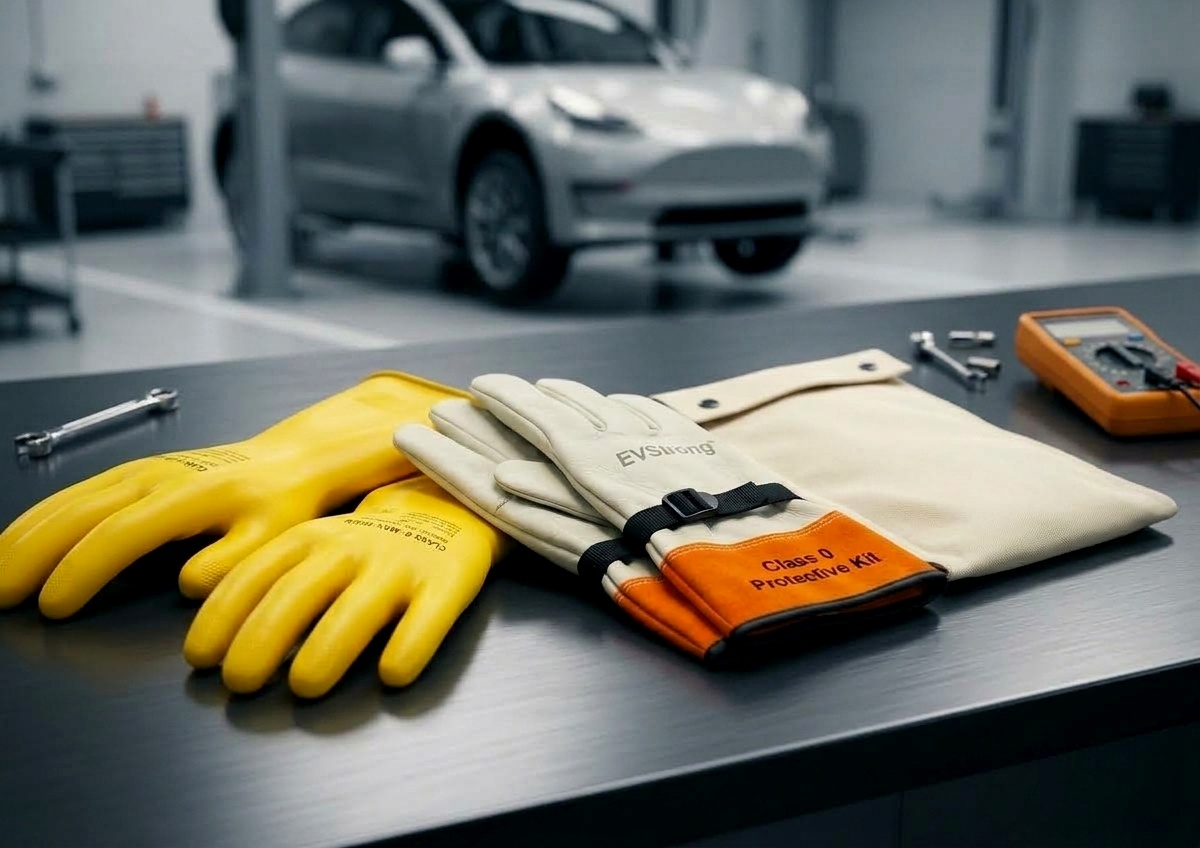 EVStrong EV Technician High-Voltage Glove Kit on workshop bench